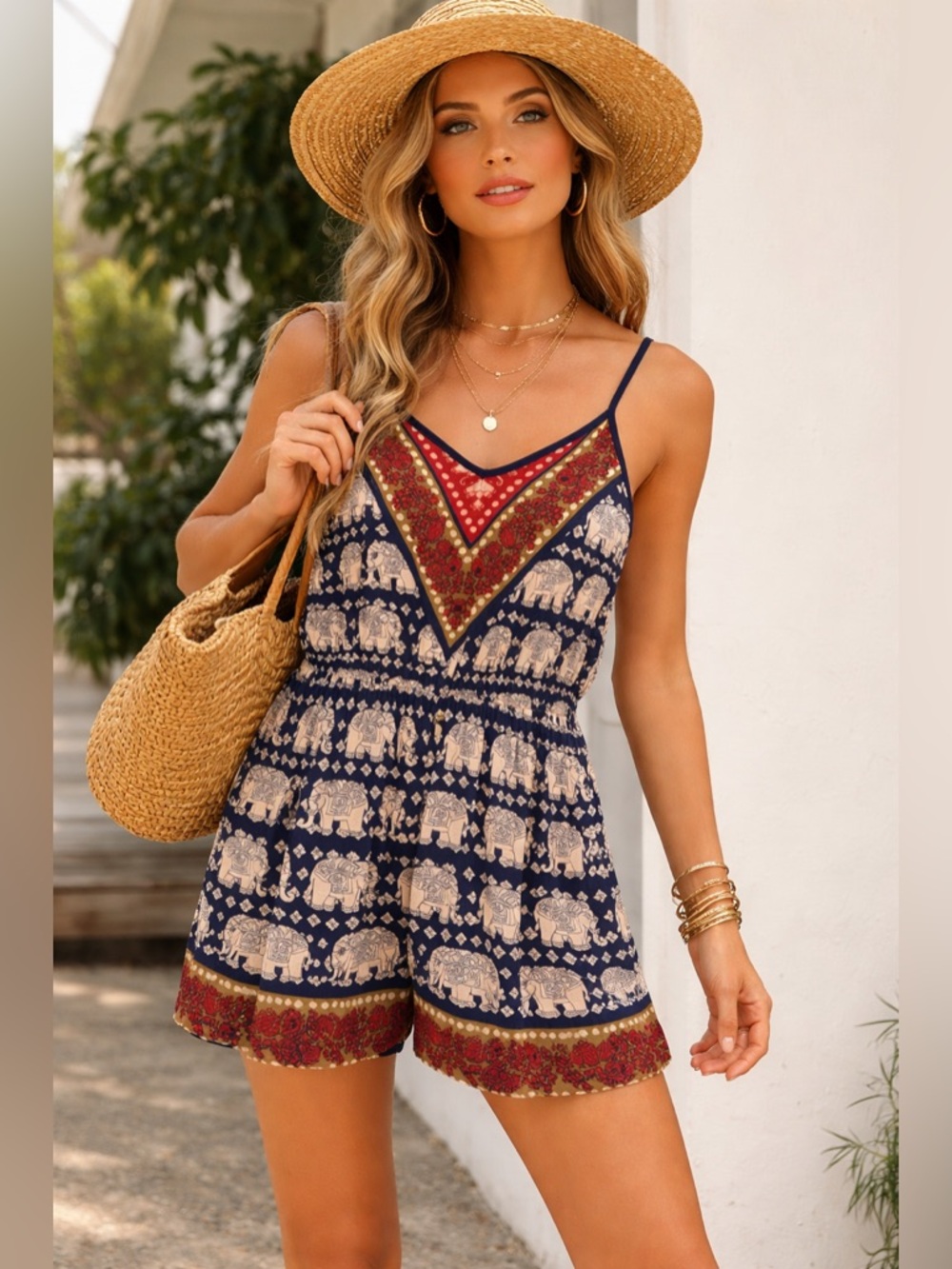 Angie Navy Elephant Print Romper with Red Accents